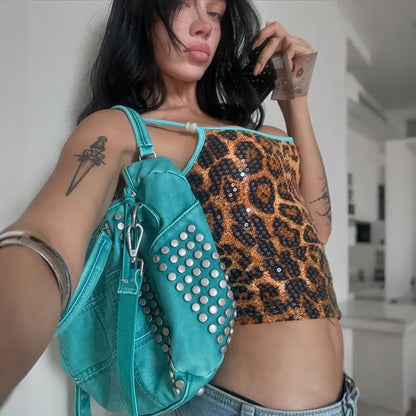 Y2K Sequin Leopard Crop Top