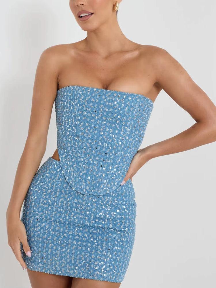 Y2K Sequined Top & Skirt Two Piece Set