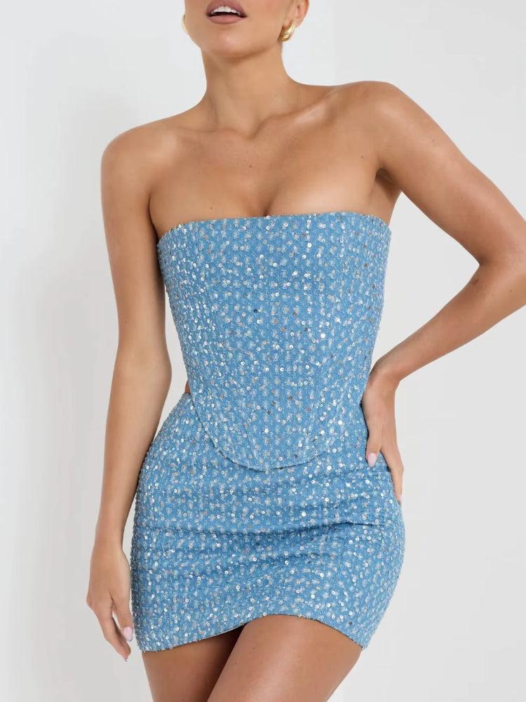 Y2K Sequined Top & Skirt Two Piece Set