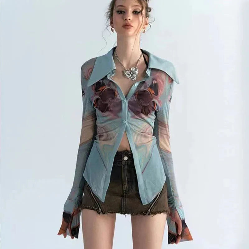 Y2K Sheer Button Up Mesh Shirt