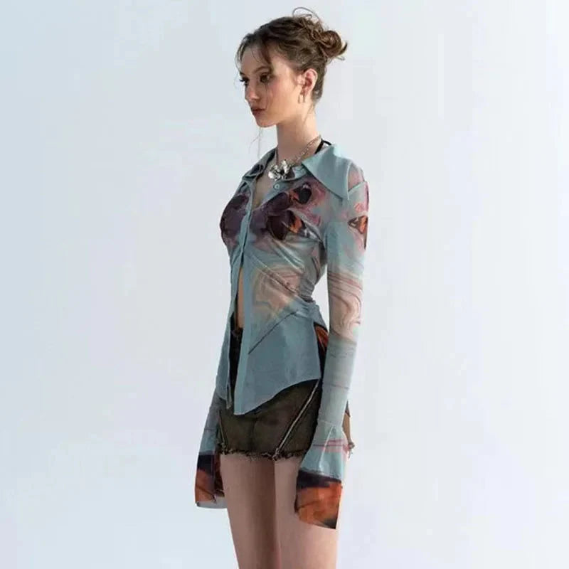 Y2K Sheer Button Up Mesh Shirt
