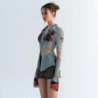 Y2K Sheer Button Up Mesh Shirt