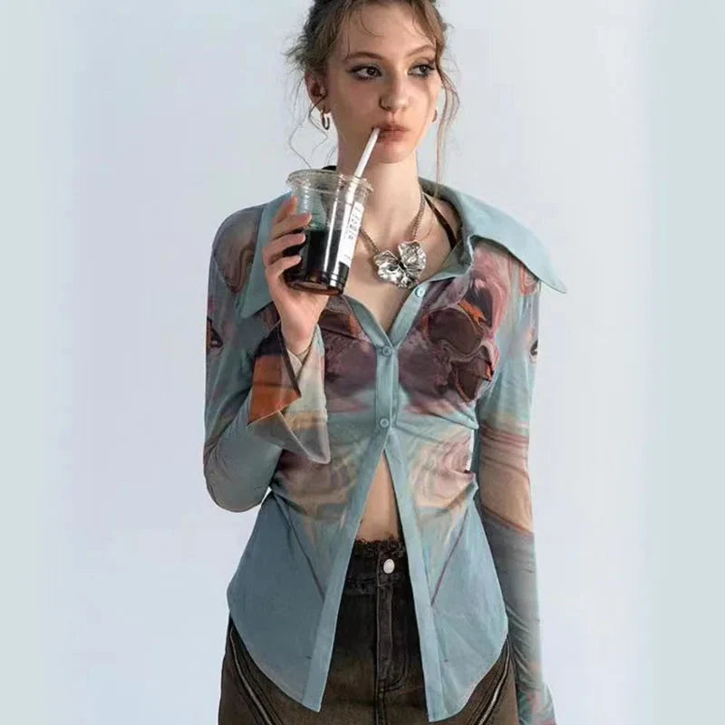 Y2K Sheer Button Up Mesh Shirt