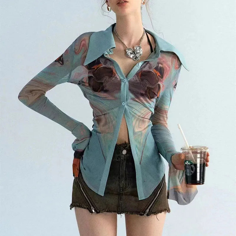 Y2K Sheer Button Up Mesh Shirt