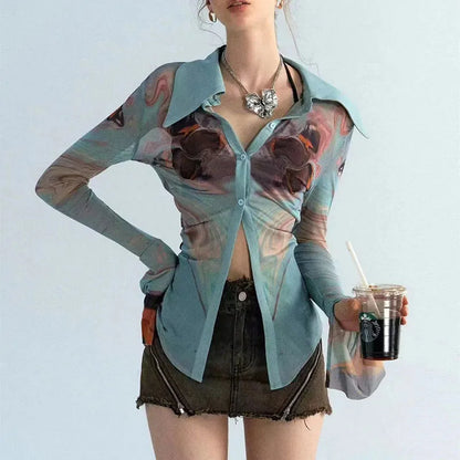 Y2K Sheer Button Up Mesh Shirt
