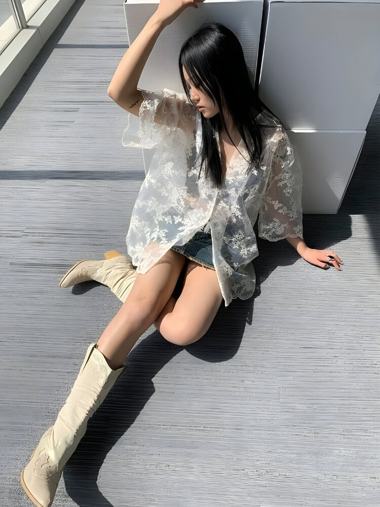 Y2K Sheer Floral Lace Shirt
