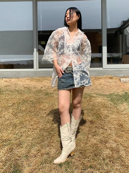 Y2K Sheer Floral Lace Shirt