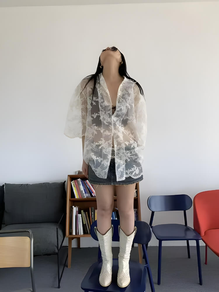 Y2K Sheer Floral Lace Shirt