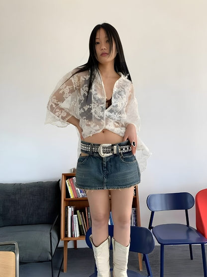 Y2K Sheer Floral Lace Shirt