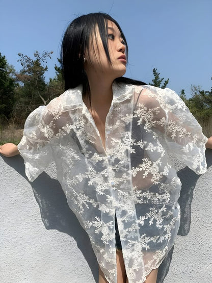 Y2K Sheer Floral Lace Shirt