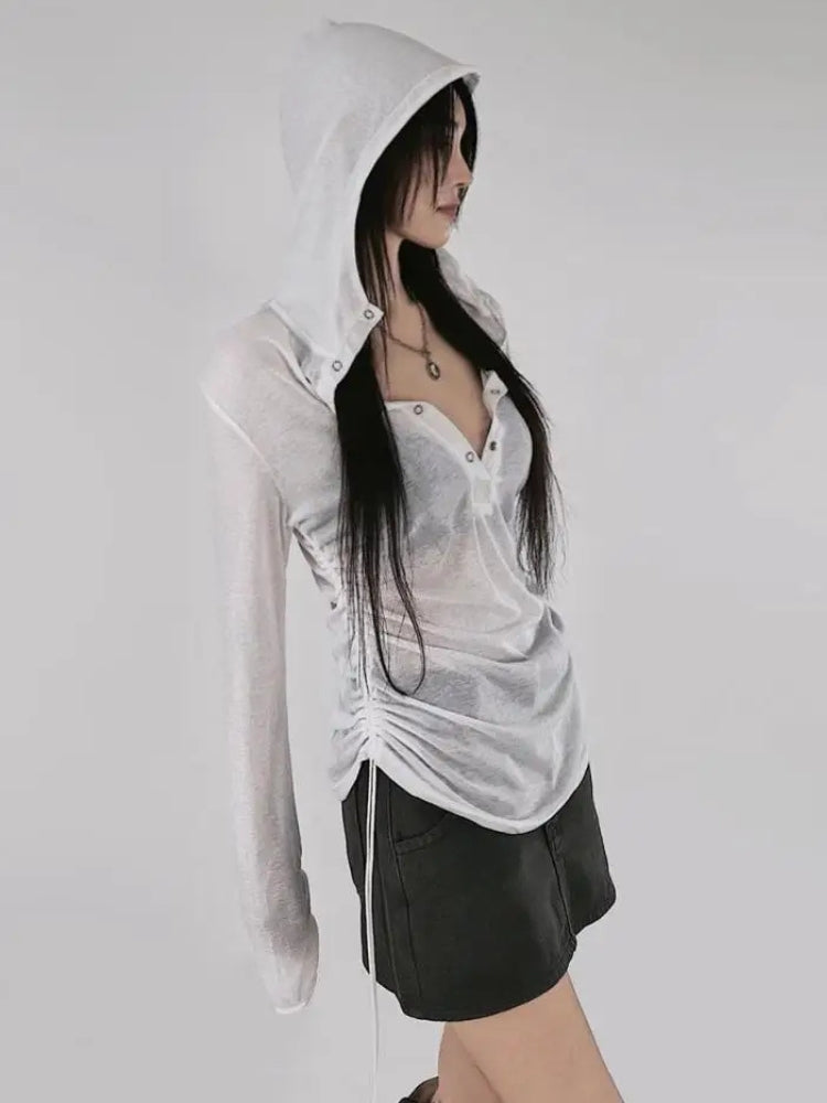 Y2K Sheer Ruched Hoodie Top