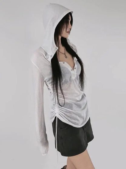 Y2K Sheer Ruched Hoodie Top
