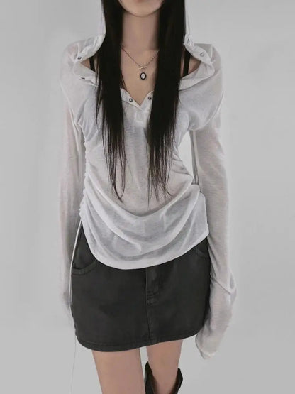 Y2K Sheer Ruched Hoodie Top