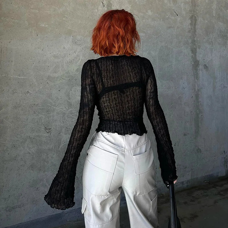 Y2K Sheer Tie Front Crop Top