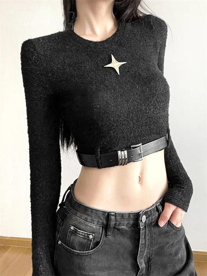 Star Print Belted Crop Top