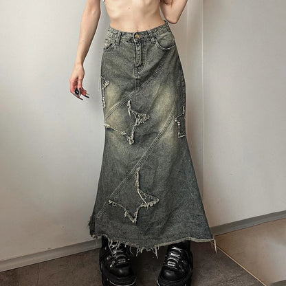 Y2K Star Denim Maxi Skirt
