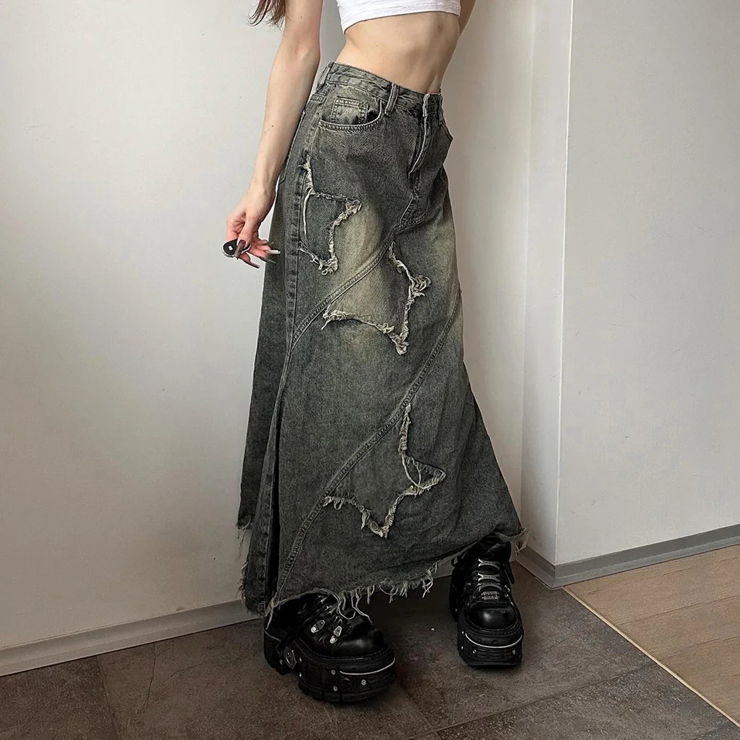 Y2K Star Denim Maxi Skirt