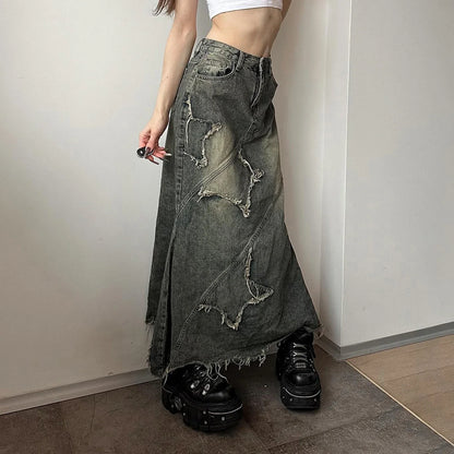 Y2K Star Denim Maxi Skirt