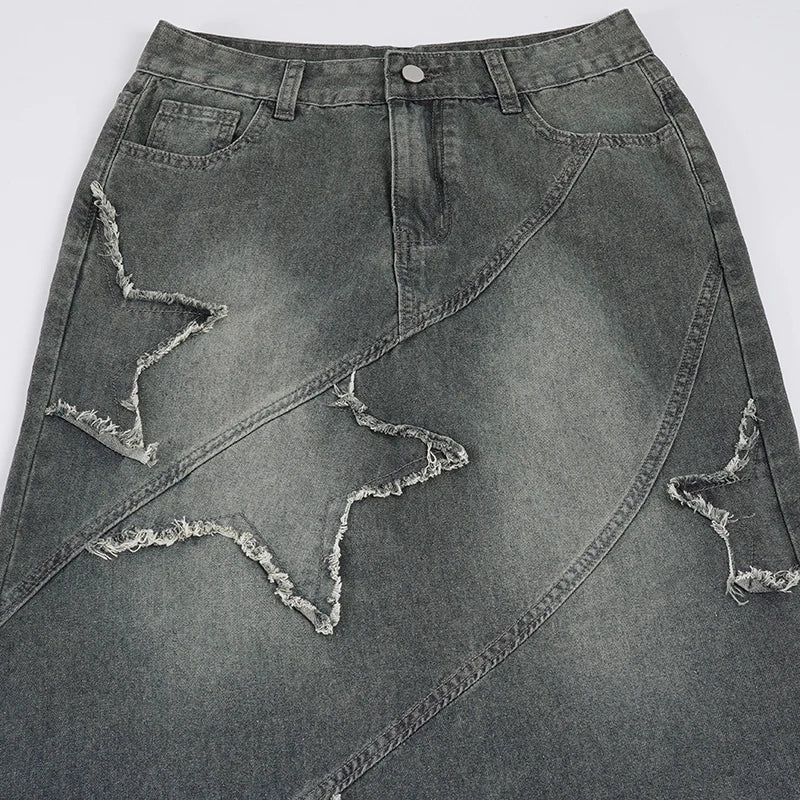 Y2K Star Denim Maxi Skirt