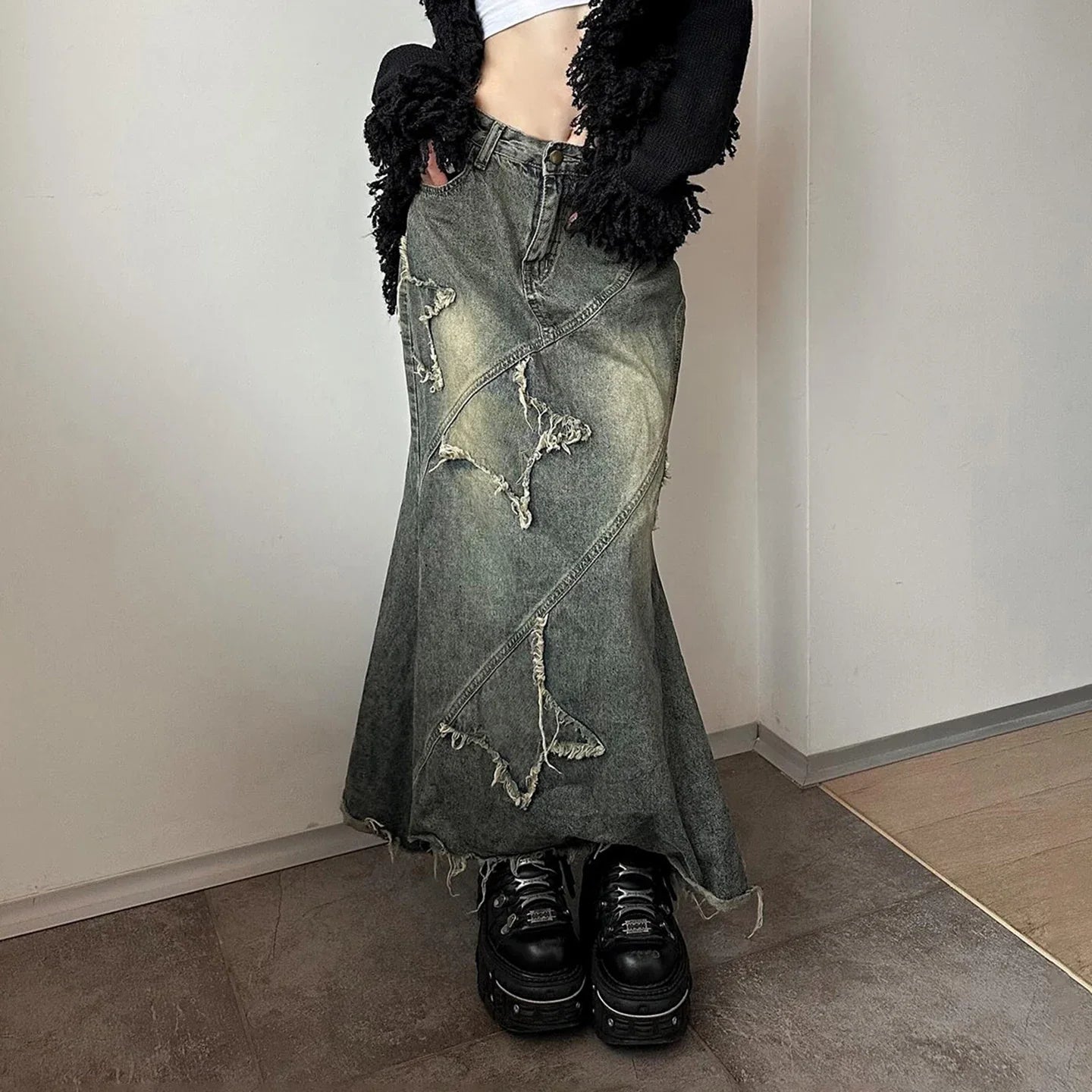 Y2K Star Denim Maxi Skirt