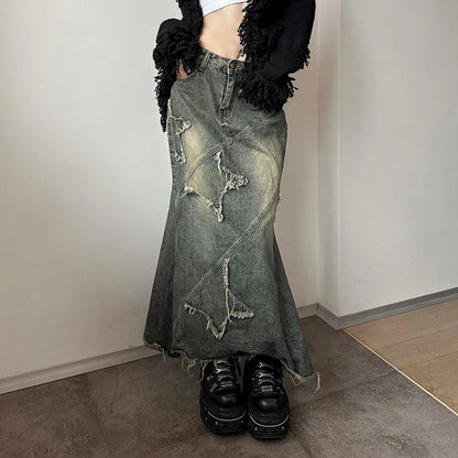 Y2K Star Denim Maxi Skirt