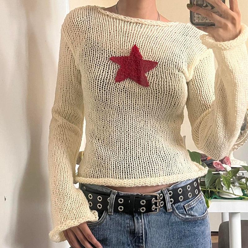Y2K Star Embroidery Knitted Top