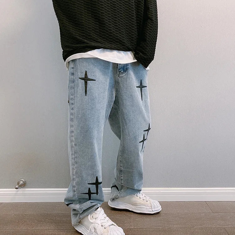 Y2K Straight Leg Cross Print Jeans
