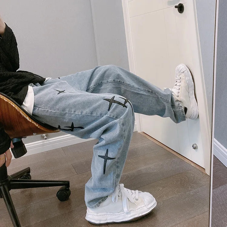 Y2K Straight Leg Cross Print Jeans