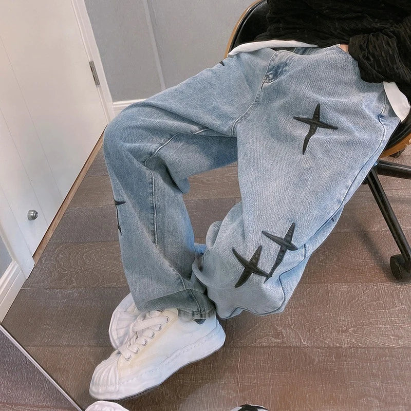 Y2K Straight Leg Cross Print Jeans