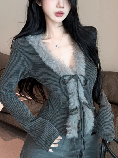 Y2K Striped Faux Fur Cardigan
