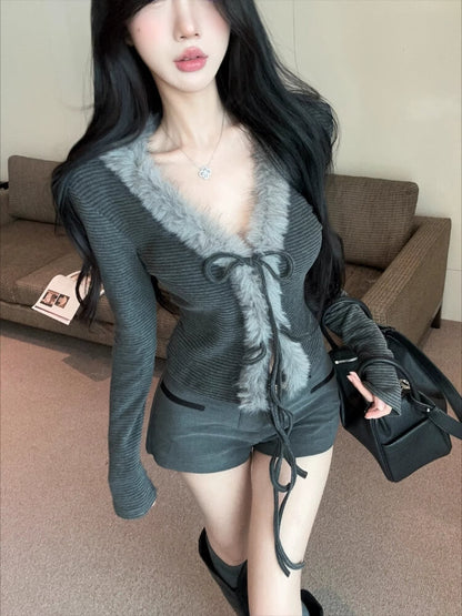 Y2K Striped Faux Fur Cardigan