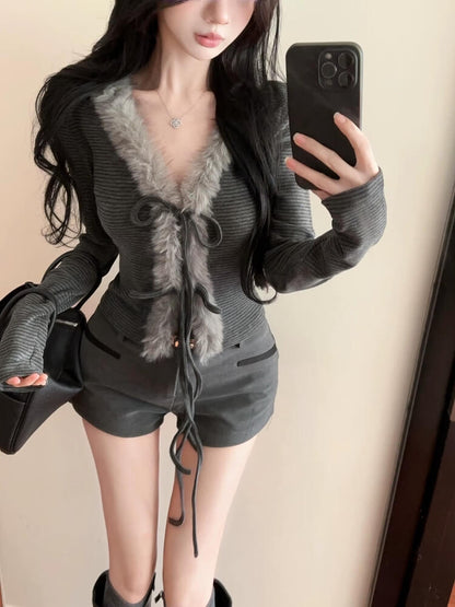 Y2K Striped Faux Fur Cardigan