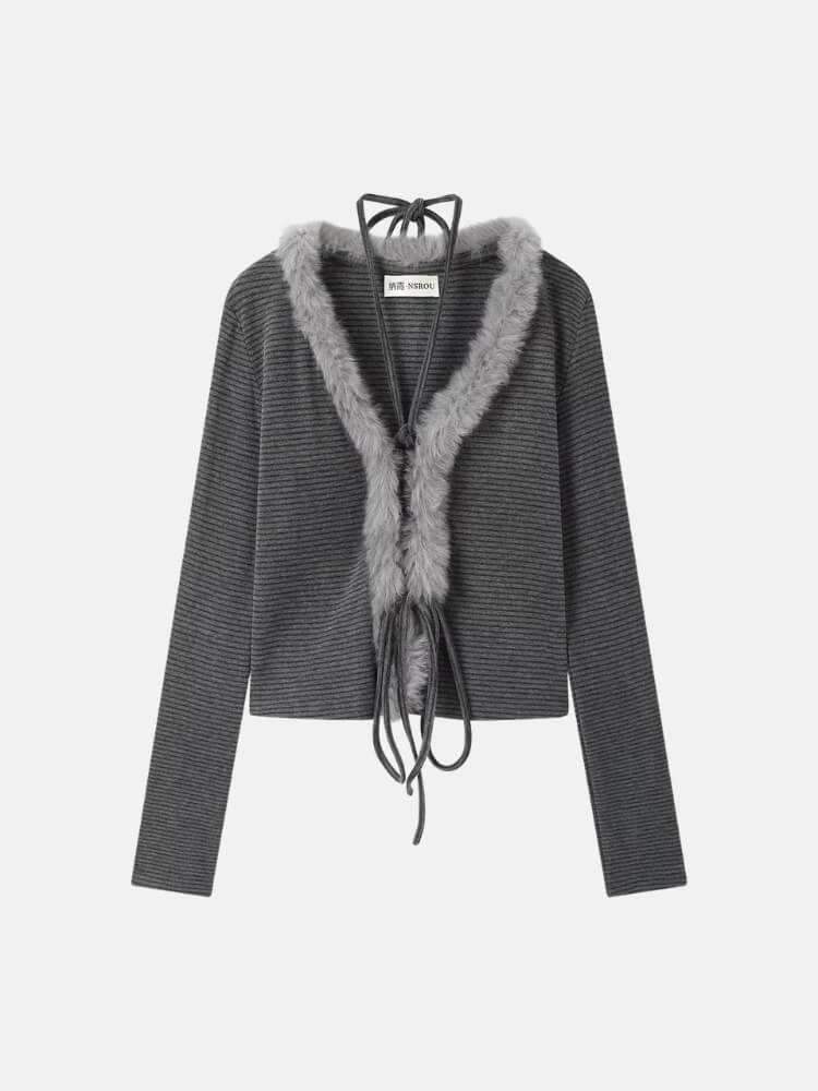 Y2K Striped Faux Fur Cardigan