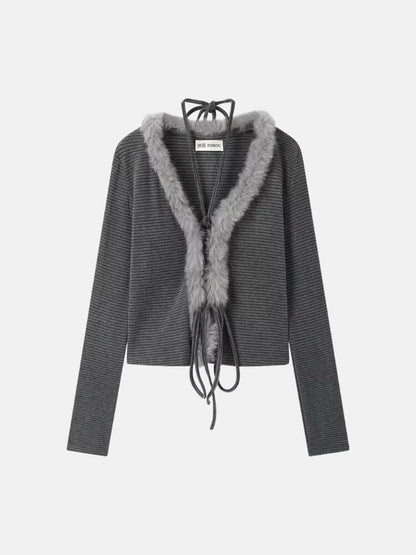 Y2K Striped Faux Fur Cardigan