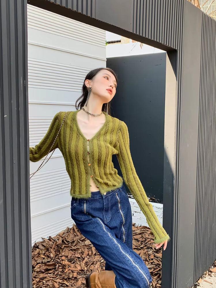 Y2K Striped Fluffy Cardigan