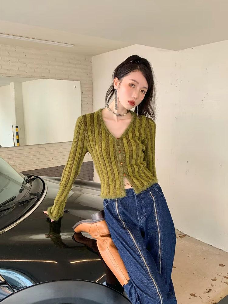 Y2K Striped Fluffy Cardigan