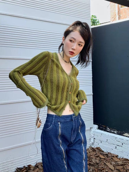 Y2K Striped Fluffy Cardigan