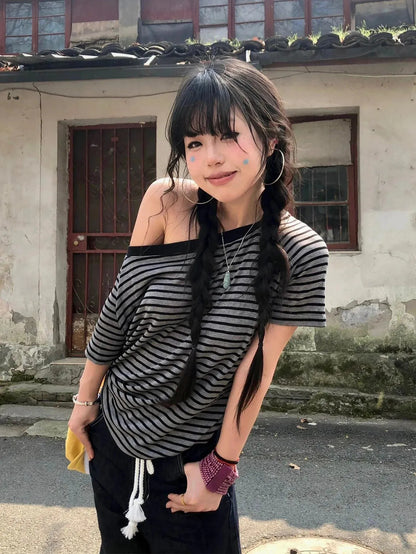 Y2K Striped One Shoulder Tee