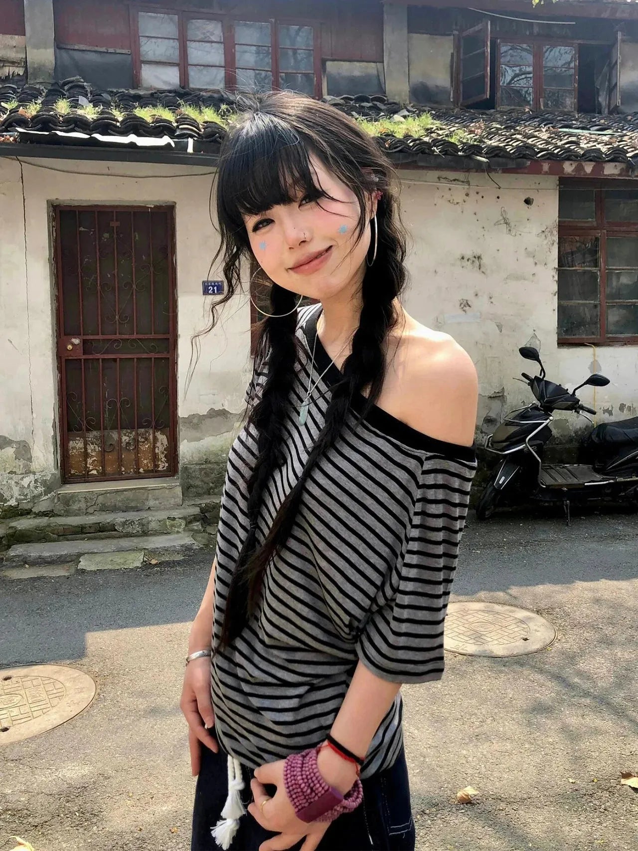 Y2K Striped One Shoulder Tee