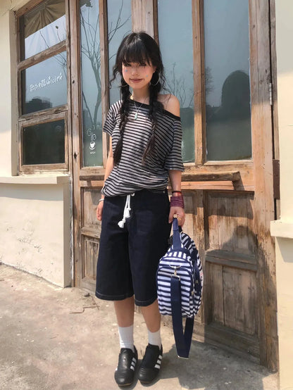 Y2K Striped One Shoulder Tee
