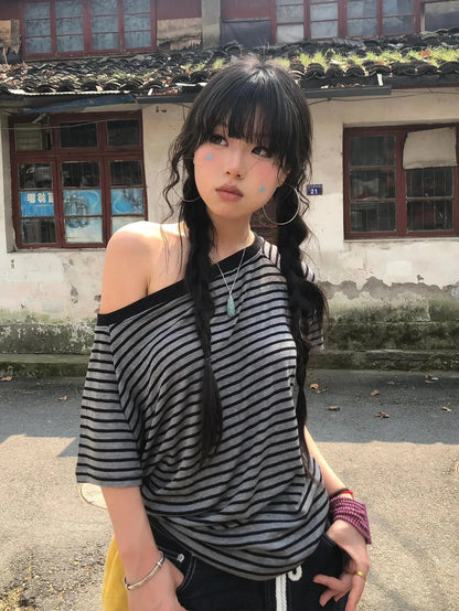 Y2K Striped One Shoulder Tee
