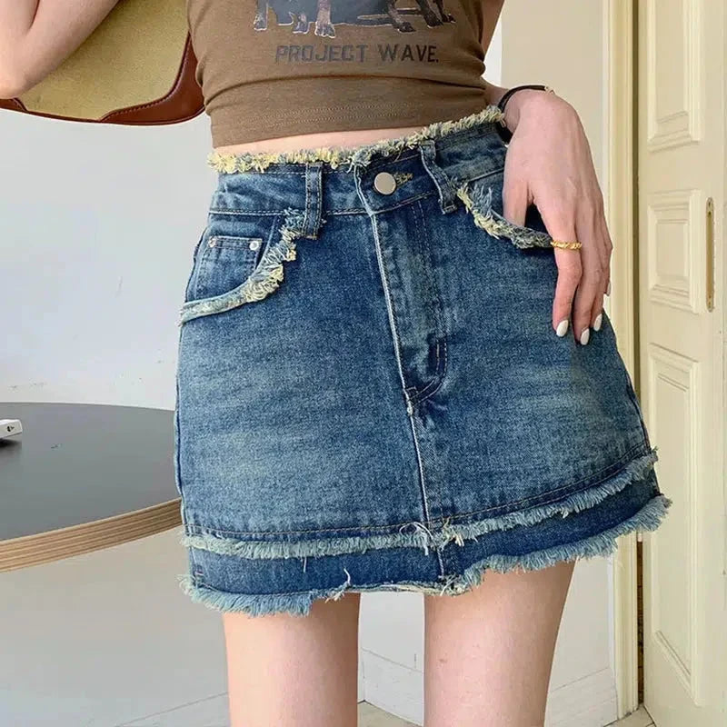 Y2K Tasseled Denim Mini Skort
