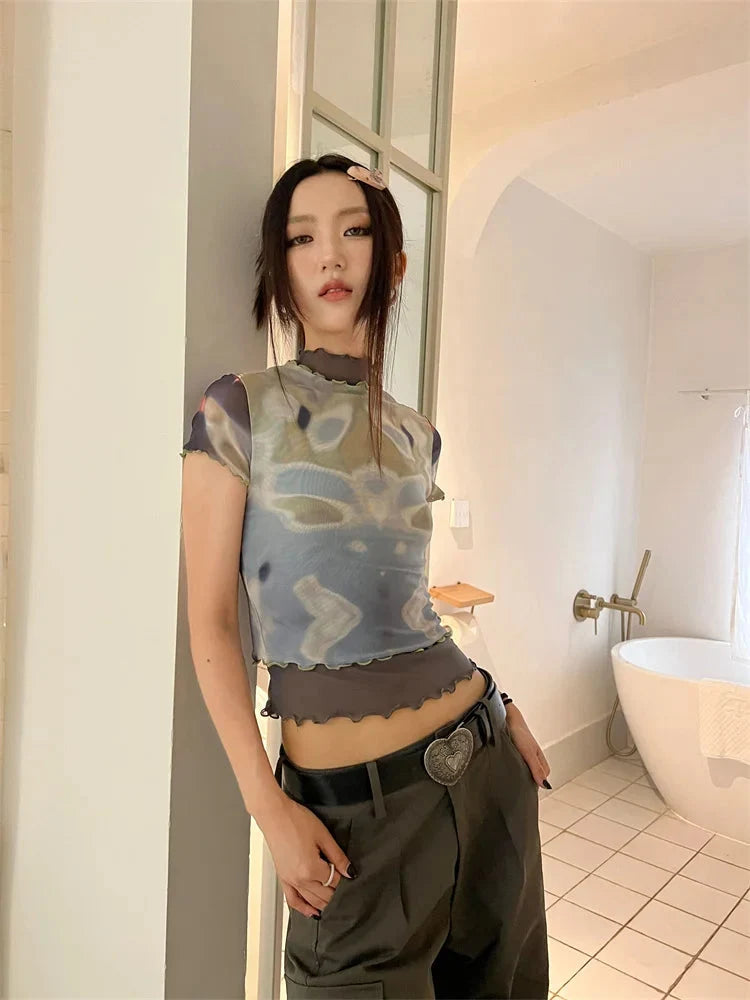 Y2K Tie Dye Mesh Top