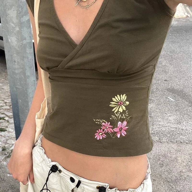 Y2K V Neck Cross Wrap Top