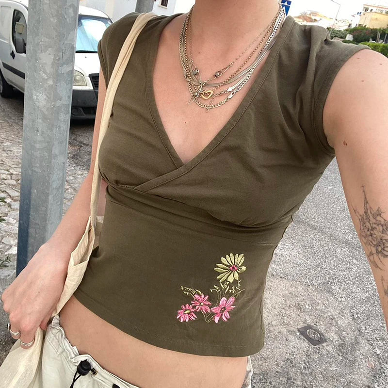 Y2K V Neck Cross Wrap Top