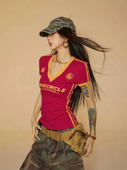 Y2K V Neck Jersey Top