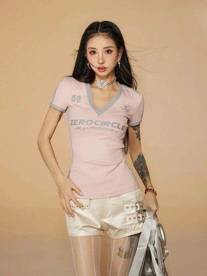 Y2K V Neck Jersey Top