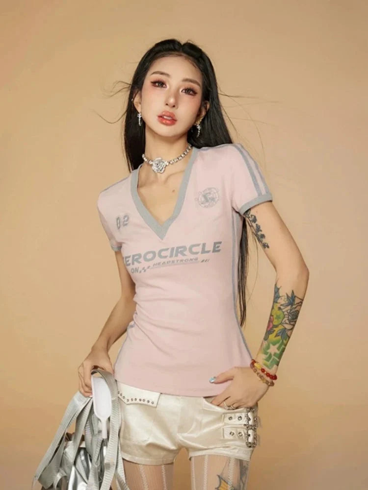 Y2K V Neck Jersey Top