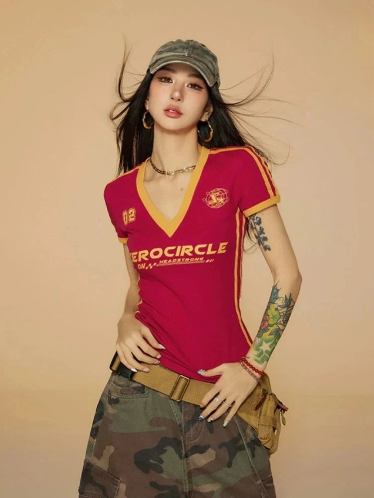 Y2K V Neck Jersey Top