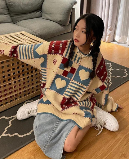 Y2K Vintage Heart Pattern Sweater